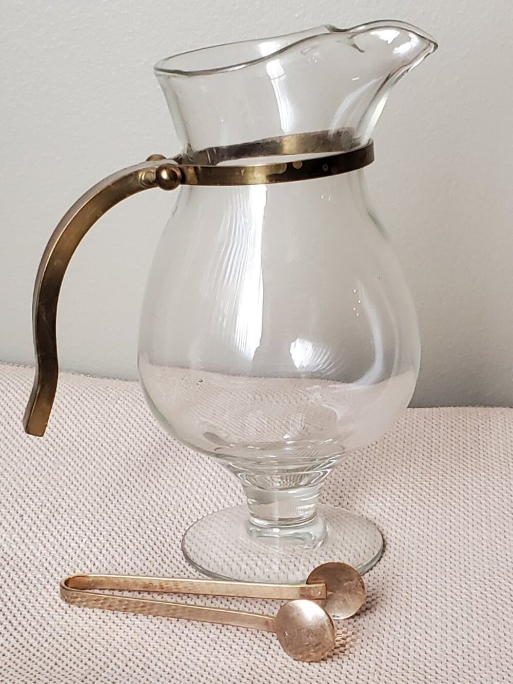 Glass pitcher with Brass handle and tongs (possible Martini pitcher)